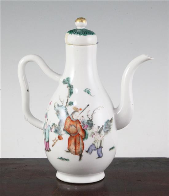 A Chinese famille rose pear-shaped wine ewer and cover, late 19th century, 21.5cm, cover repaired